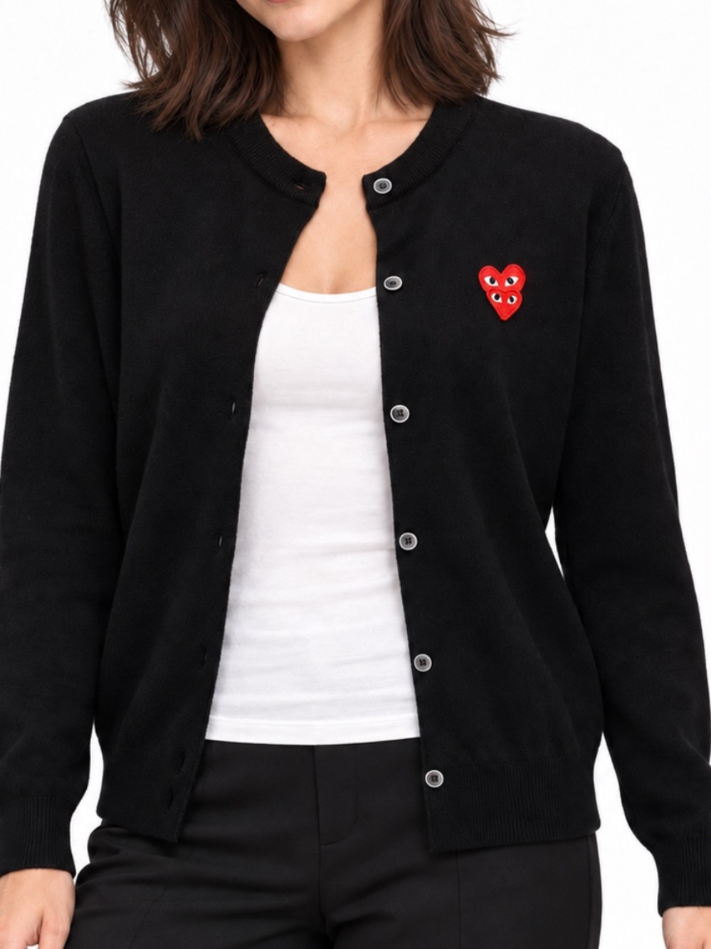 Comme des Garçons PLAY Double Heart Black Wool Cardigan M Play Designer Preppy